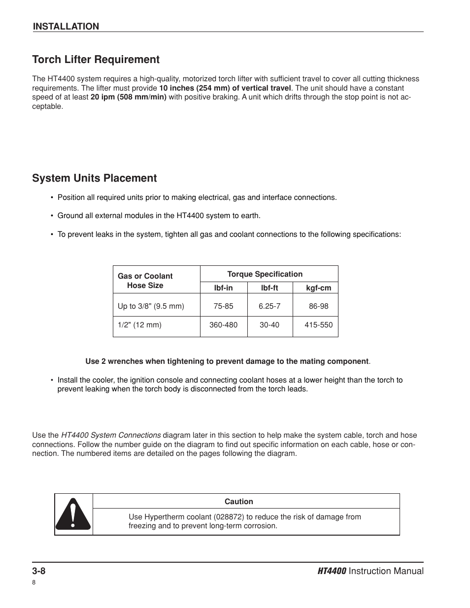 Torch lifter requirement -8, System units placement -8, Torch lifter requirement | System units placement | Hypertherm HT4400 HySpeed Plasma Arc Cutting System User Manual | Page 42 / 199