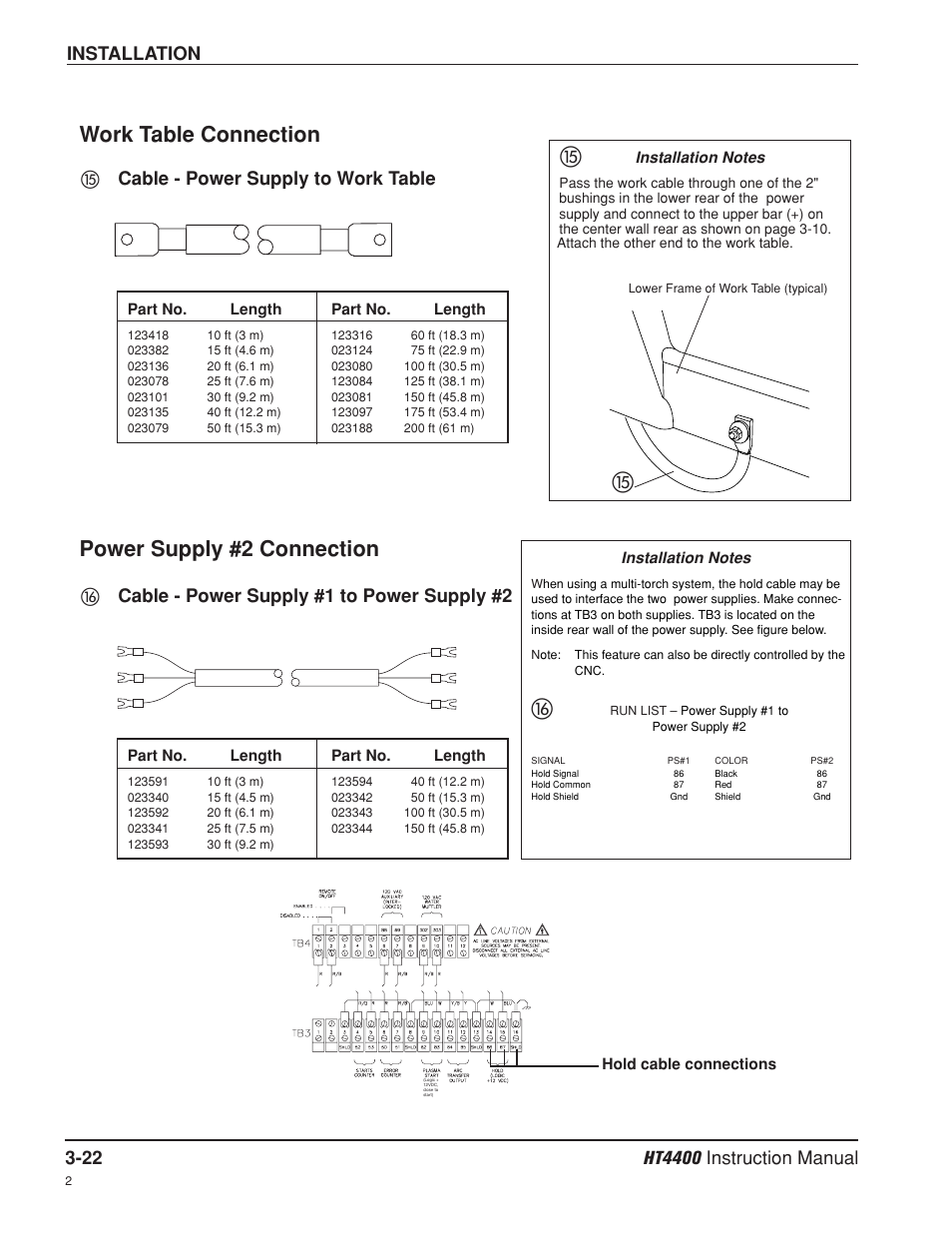 Work table connection -22, Power supply #2 connection -22, Work table connection - pg. 3-22 | Power supply #2 connection – pg. 3-22, Work table connection, Power supply #2 connection, ቱcable - power supply to work table, ቲcable - power supply #1 to power supply #2 | Hypertherm HT4400 HySpeed Plasma Arc Cutting System User Manual | Page 56 / 199