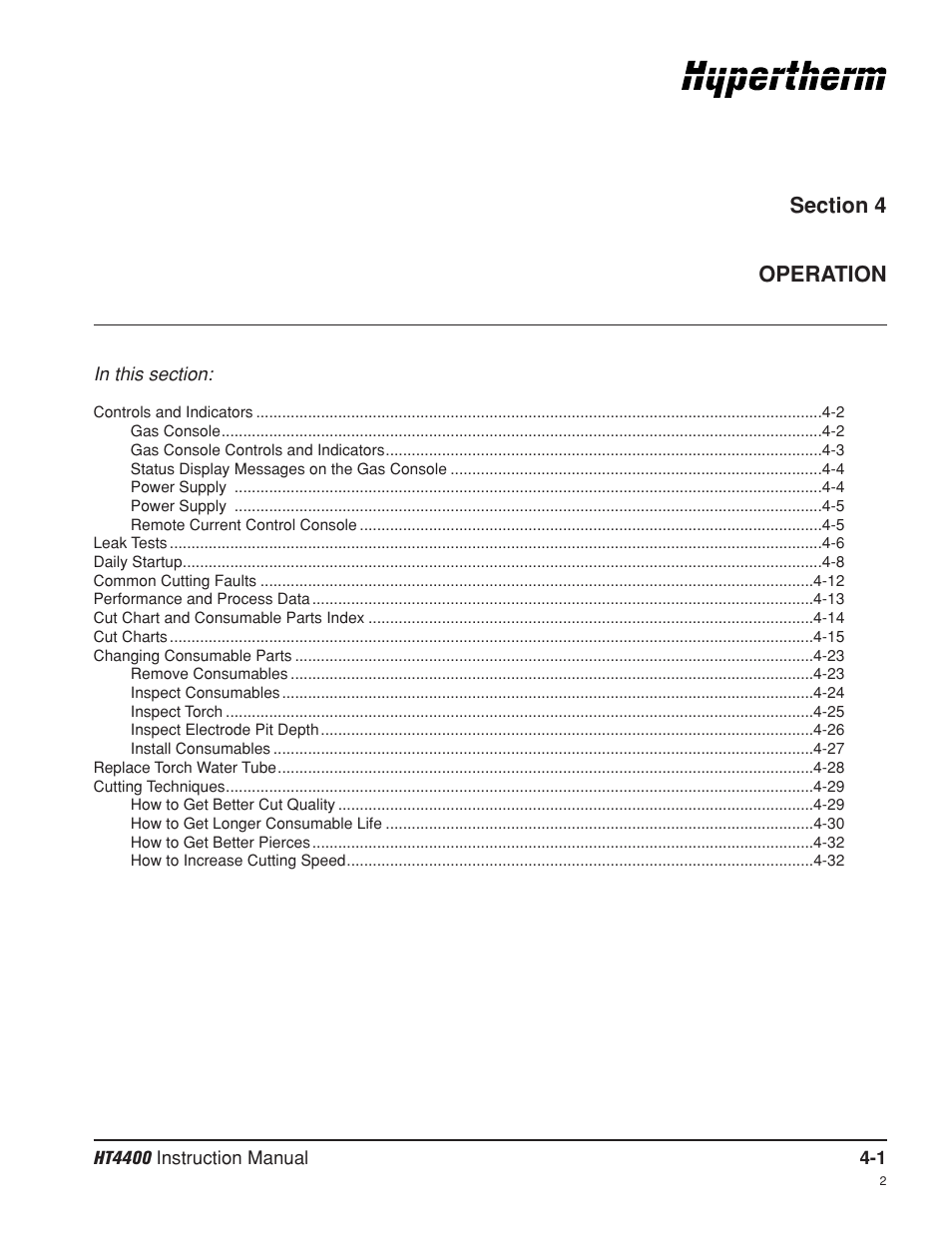 Section 4 operation, Section 4, Operation -1 | Hypertherm HT4400 HySpeed Plasma Arc Cutting System User Manual | Page 60 / 199