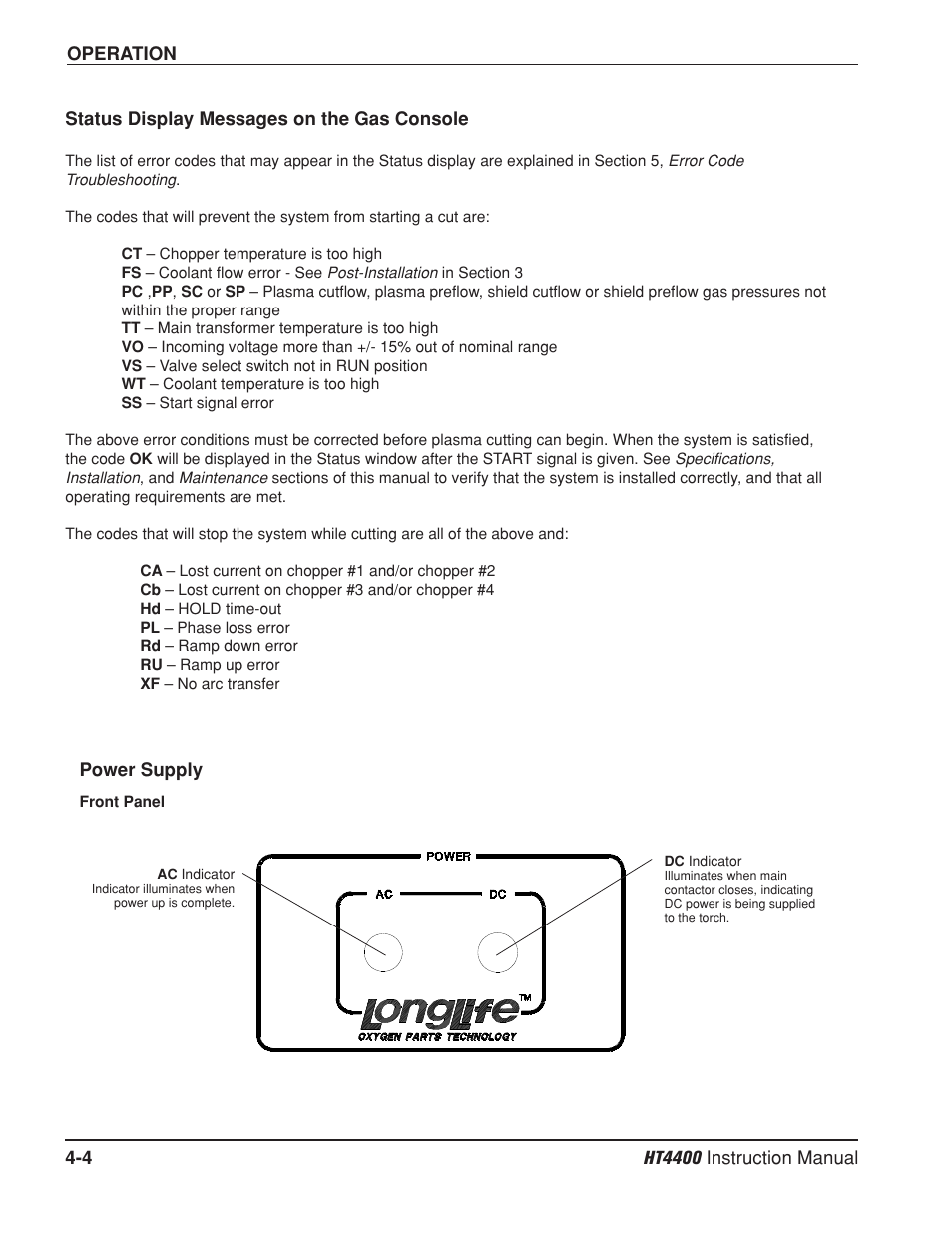 Status display messages on the gas console -4, Power supply -4 | Hypertherm HT4400 HySpeed Plasma Arc Cutting System User Manual | Page 63 / 199