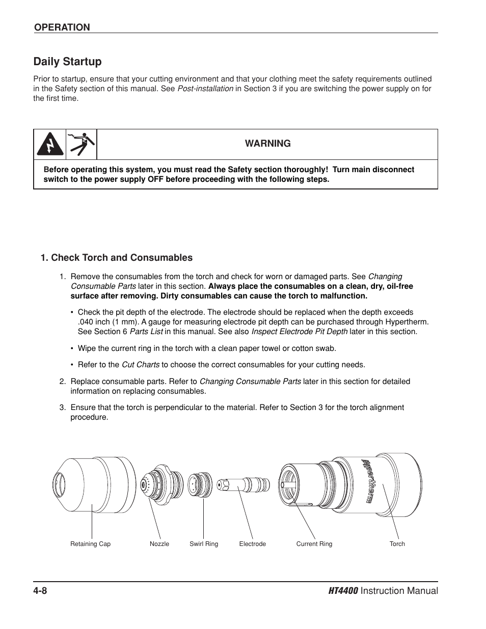 Daily startup -8, Daily startup | Hypertherm HT4400 HySpeed Plasma Arc Cutting System User Manual | Page 67 / 199