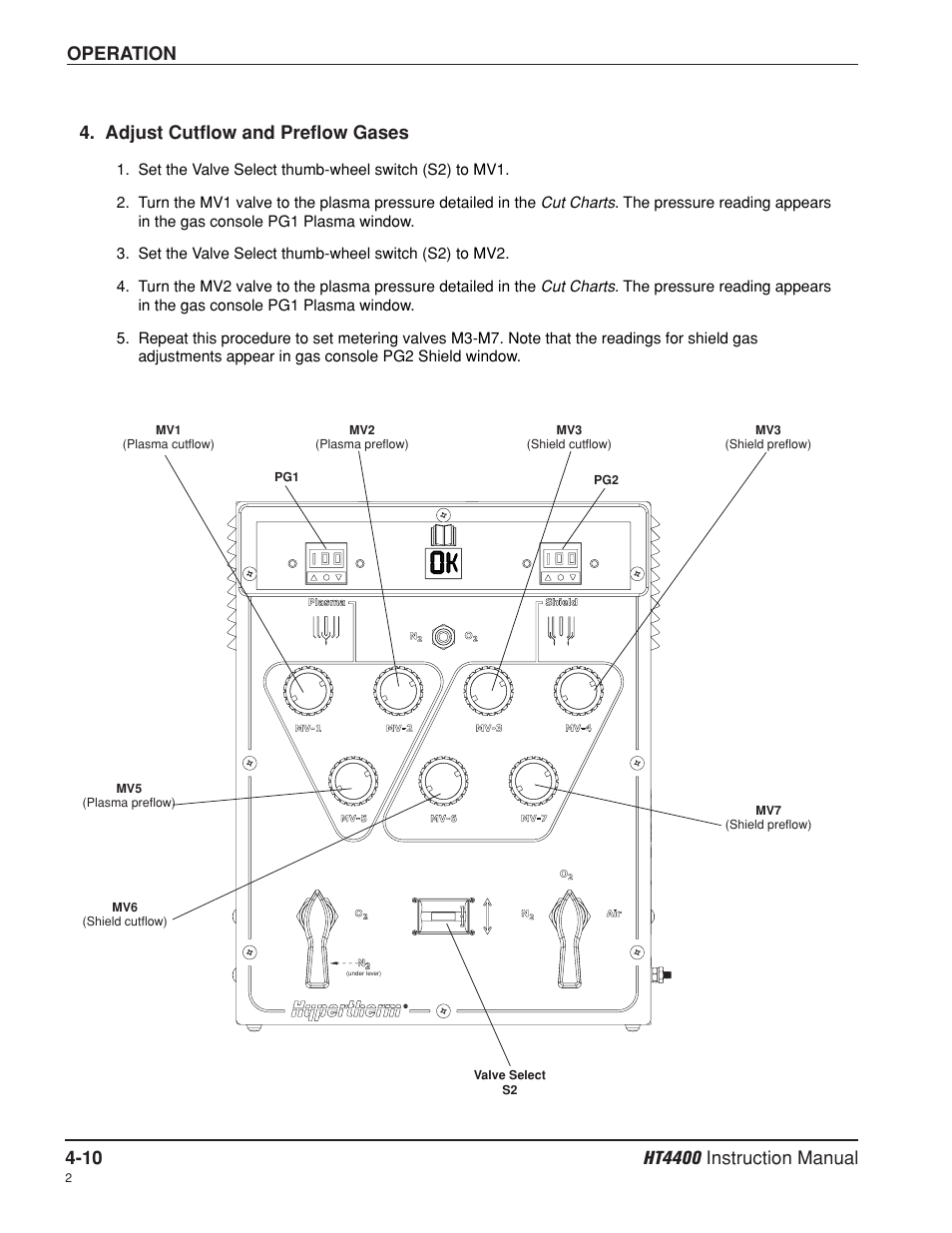 Adjust cutflow and preflow gases | Hypertherm HT4400 HySpeed Plasma Arc Cutting System User Manual | Page 69 / 199