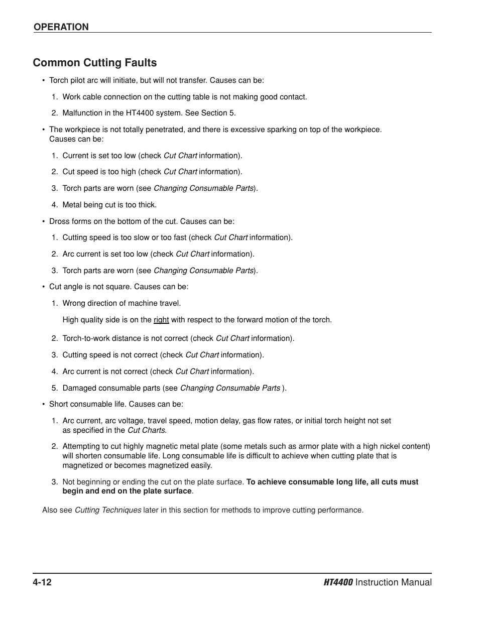 Common cutting faults -12, Common cutting faults | Hypertherm HT4400 HySpeed Plasma Arc Cutting System User Manual | Page 71 / 199