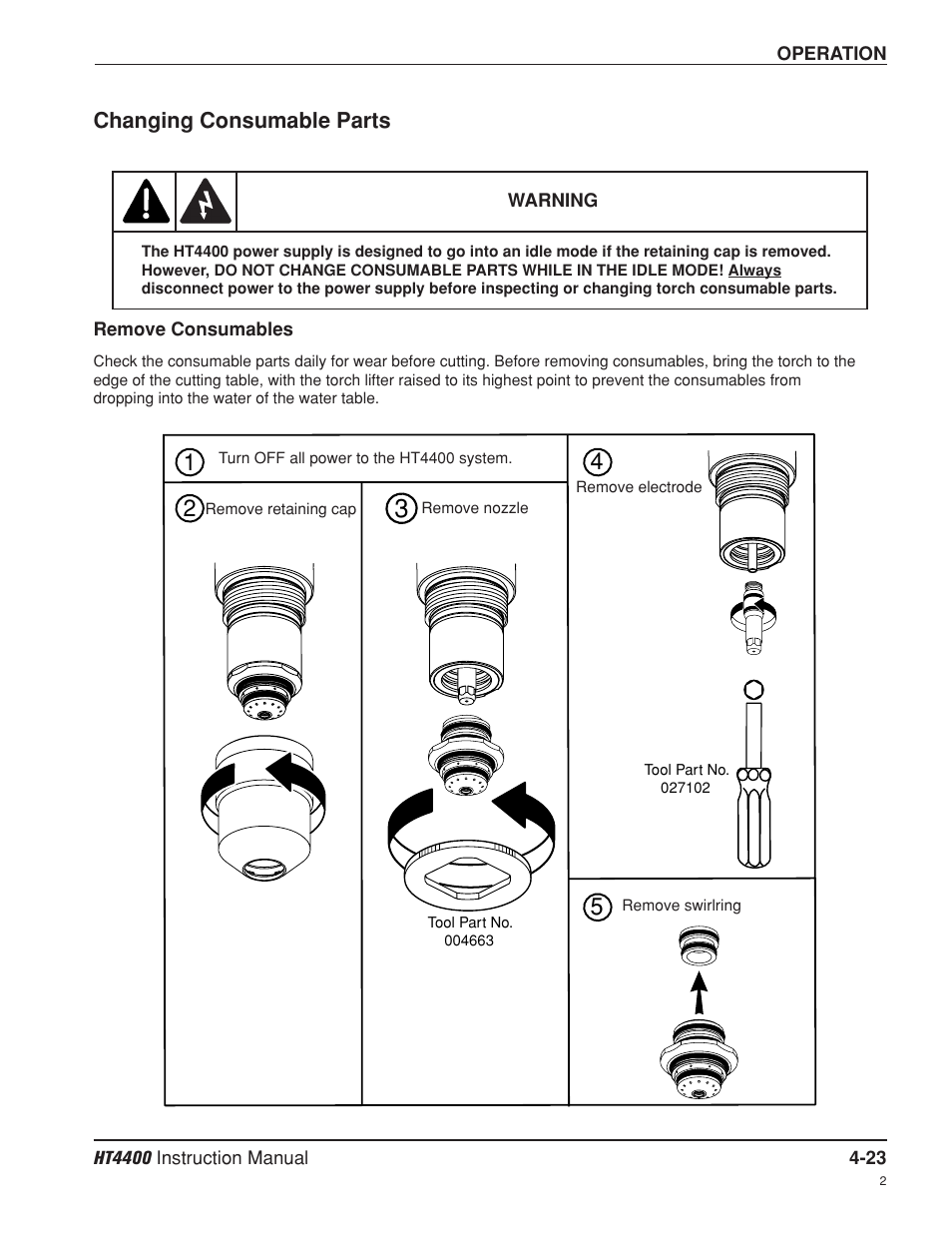 Changing consumable parts -23, Remove consumables -23 | Hypertherm HT4400 HySpeed Plasma Arc Cutting System User Manual | Page 82 / 199