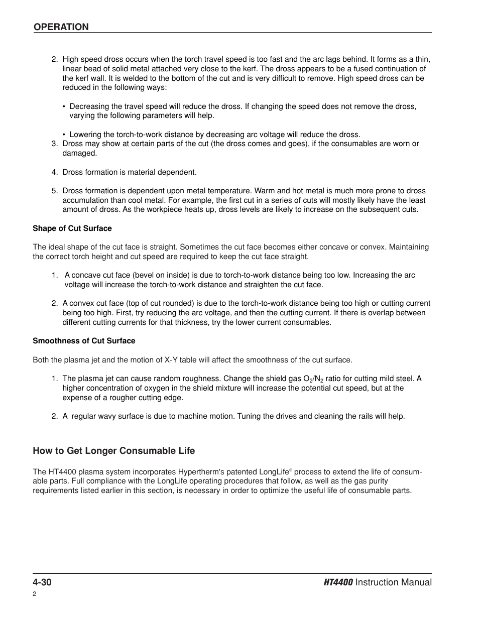 How to get longer consumable life -30 | Hypertherm HT4400 HySpeed Plasma Arc Cutting System User Manual | Page 89 / 199