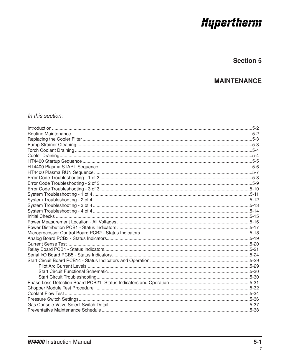 Section 5 maintenance, Section 5, Maintenance -1 | Hypertherm HT4400 HySpeed Plasma Arc Cutting System User Manual | Page 92 / 199