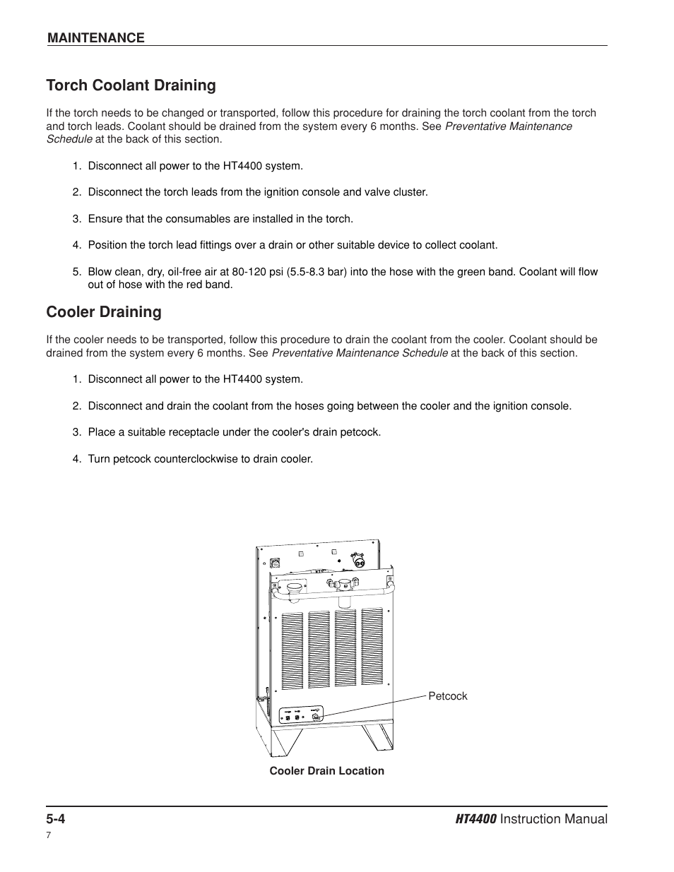 Torch coolant draining -4, Cooler draining -4, Torch coolant draining -4 cooler draining -4 | Hypertherm HT4400 HySpeed Plasma Arc Cutting System User Manual | Page 95 / 199
