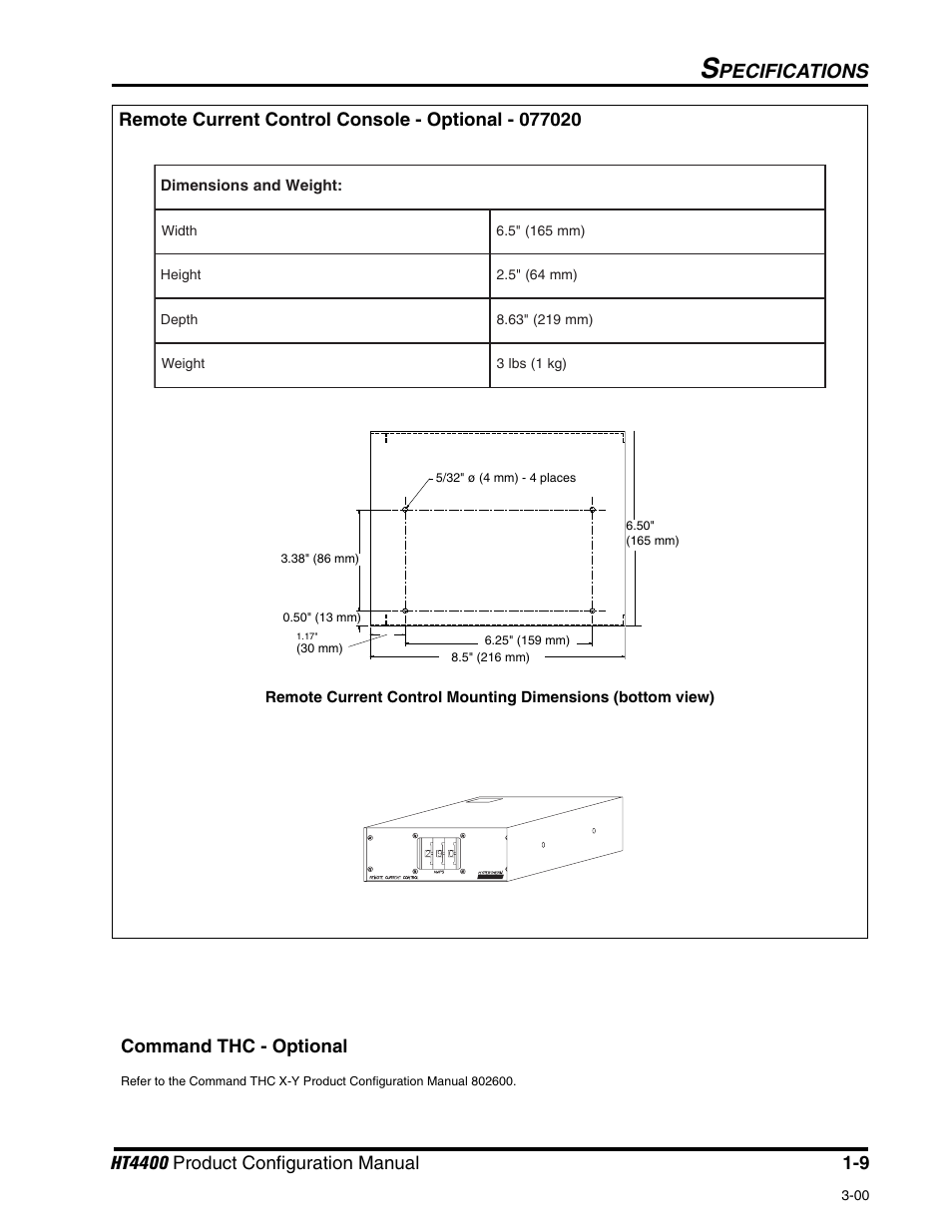 Pecifications, Command thc - optional | Hypertherm HT4400 HySpeed User Manual | Page 12 / 20