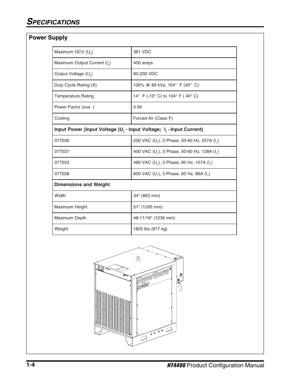 Power supply -4, Pecifications, Ht4400 product configuration manual power supply | Hypertherm HT4400 HySpeed User Manual | Page 7 / 20