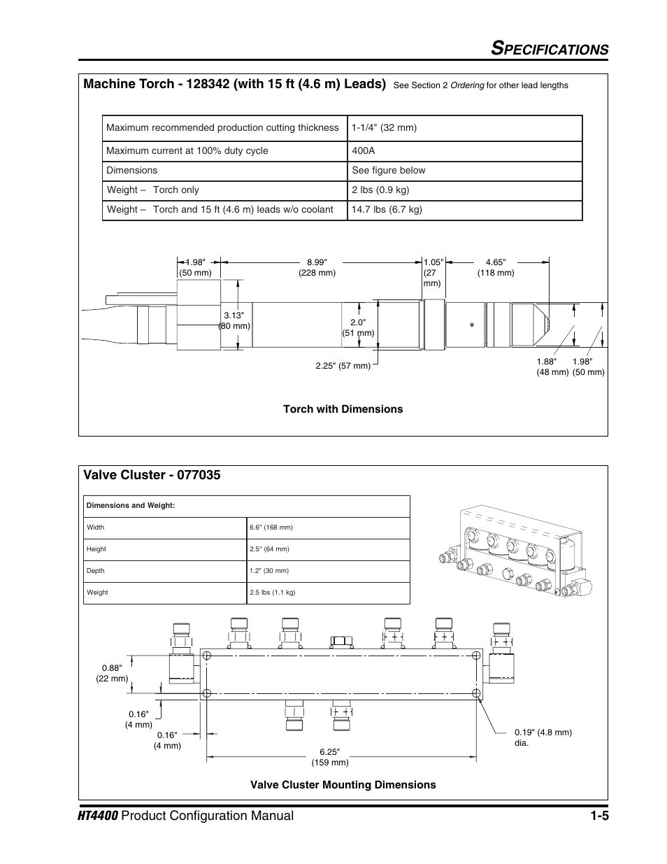Machine torch -5 valve cluster -5, Pecifications | Hypertherm HT4400 HySpeed User Manual | Page 8 / 20
