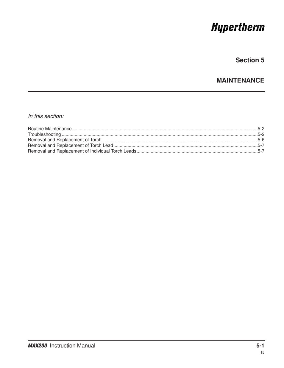 Section 5 maintenance, Section 5, Maintenance -1 | Hypertherm MAX200 Machine Torch Plasma Arc Cutting System User Manual | Page 112 / 187