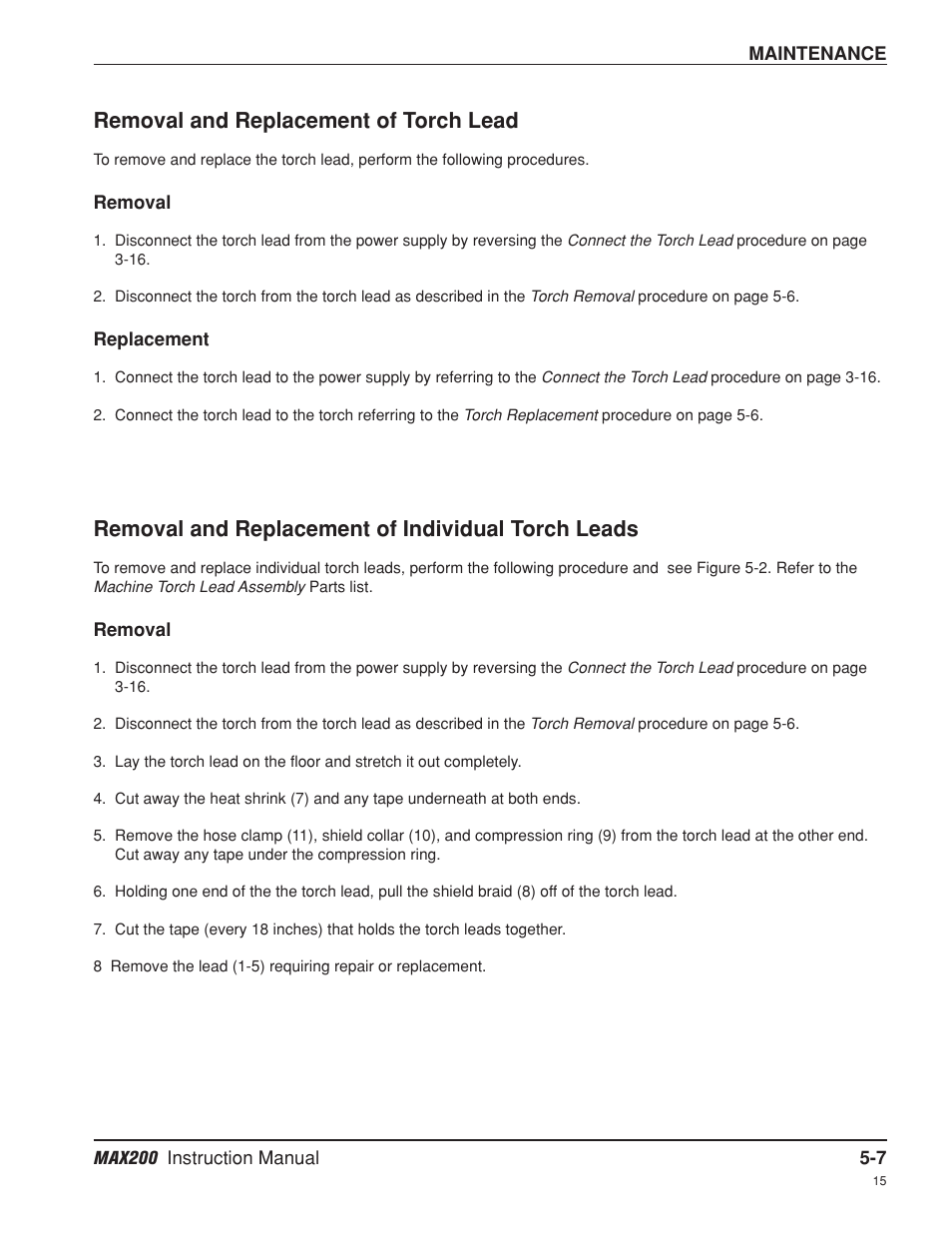 Removal and replacement of torch lead -7, Removal and replacement of torch lead, Removal and replacement of individual torch leads | Hypertherm MAX200 Machine Torch Plasma Arc Cutting System User Manual | Page 118 / 187