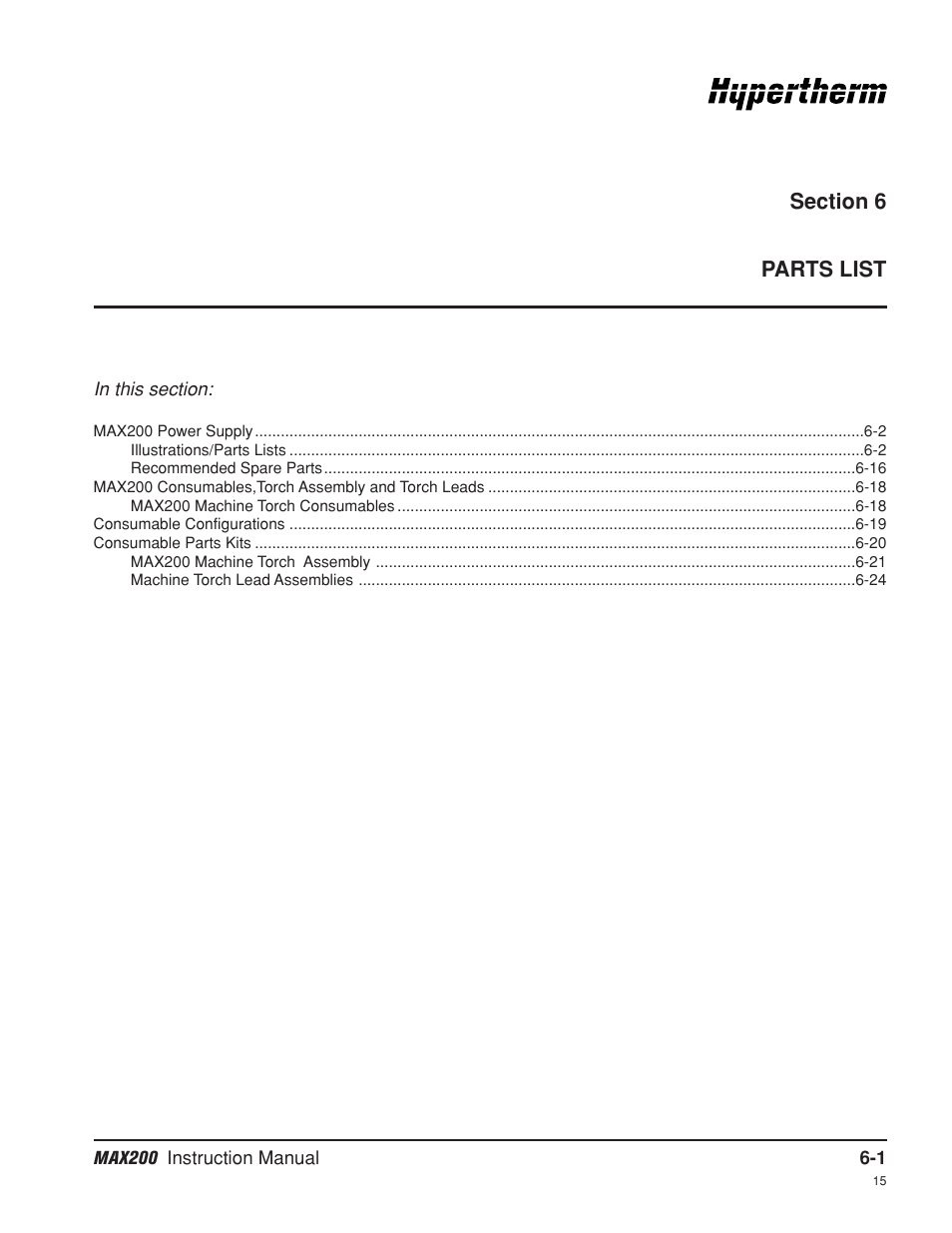 Section 6 parts list, Section 6, Parts list -1 | Hypertherm MAX200 Machine Torch Plasma Arc Cutting System User Manual | Page 120 / 187