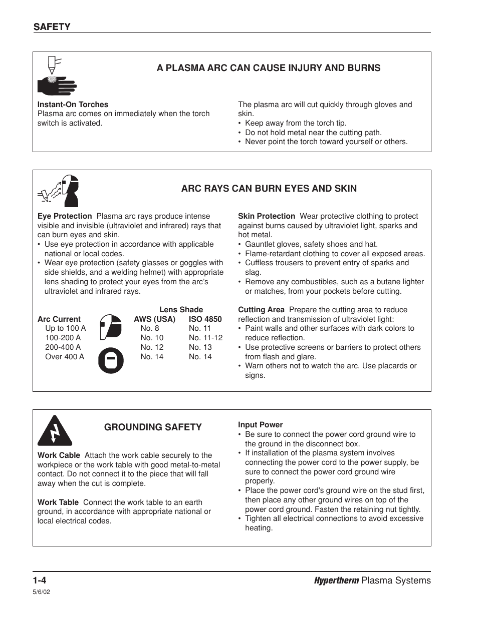 A plasma arc can cause injury and burns -4, Arc rays can burn eyes and skin -4, Grounding safety -4 | Hypertherm MAX200 Machine Torch Plasma Arc Cutting System User Manual | Page 16 / 187