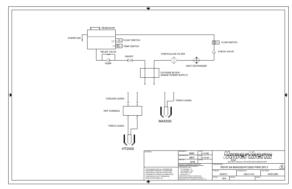 Coolant system schematic/diagram (029-2-313) sheet | Hypertherm MAX200 Machine Torch Plasma Arc Cutting System User Manual | Page 160 / 187