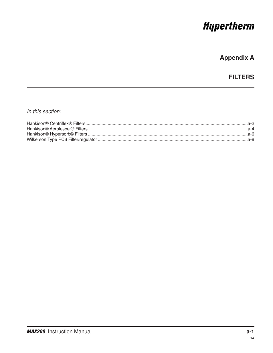 Appendix a filters, Appendix a | Hypertherm MAX200 Machine Torch Plasma Arc Cutting System User Manual | Page 161 / 187