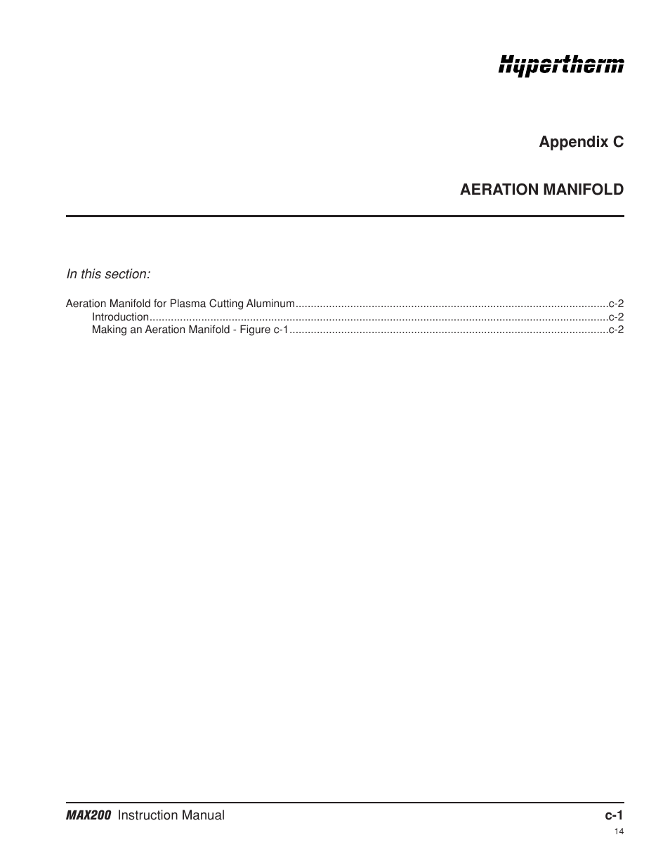 Appendix c aeration manifold, Appendix c | Hypertherm MAX200 Machine Torch Plasma Arc Cutting System User Manual | Page 180 / 187