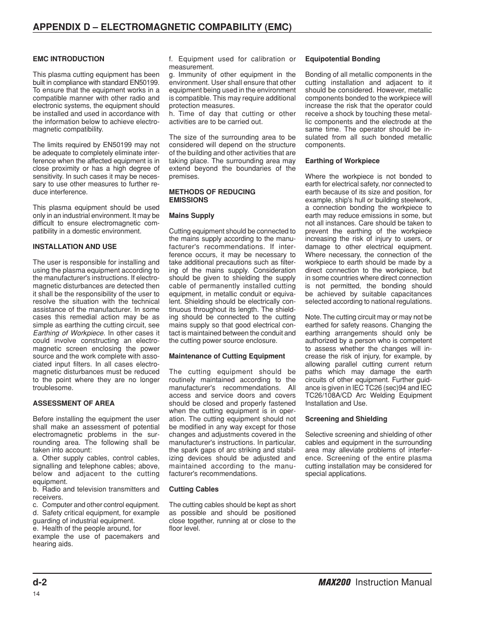 D-2 max200 instruction manual, Appendix d – electromagnetic compability (emc) | Hypertherm MAX200 Machine Torch Plasma Arc Cutting System User Manual | Page 183 / 187