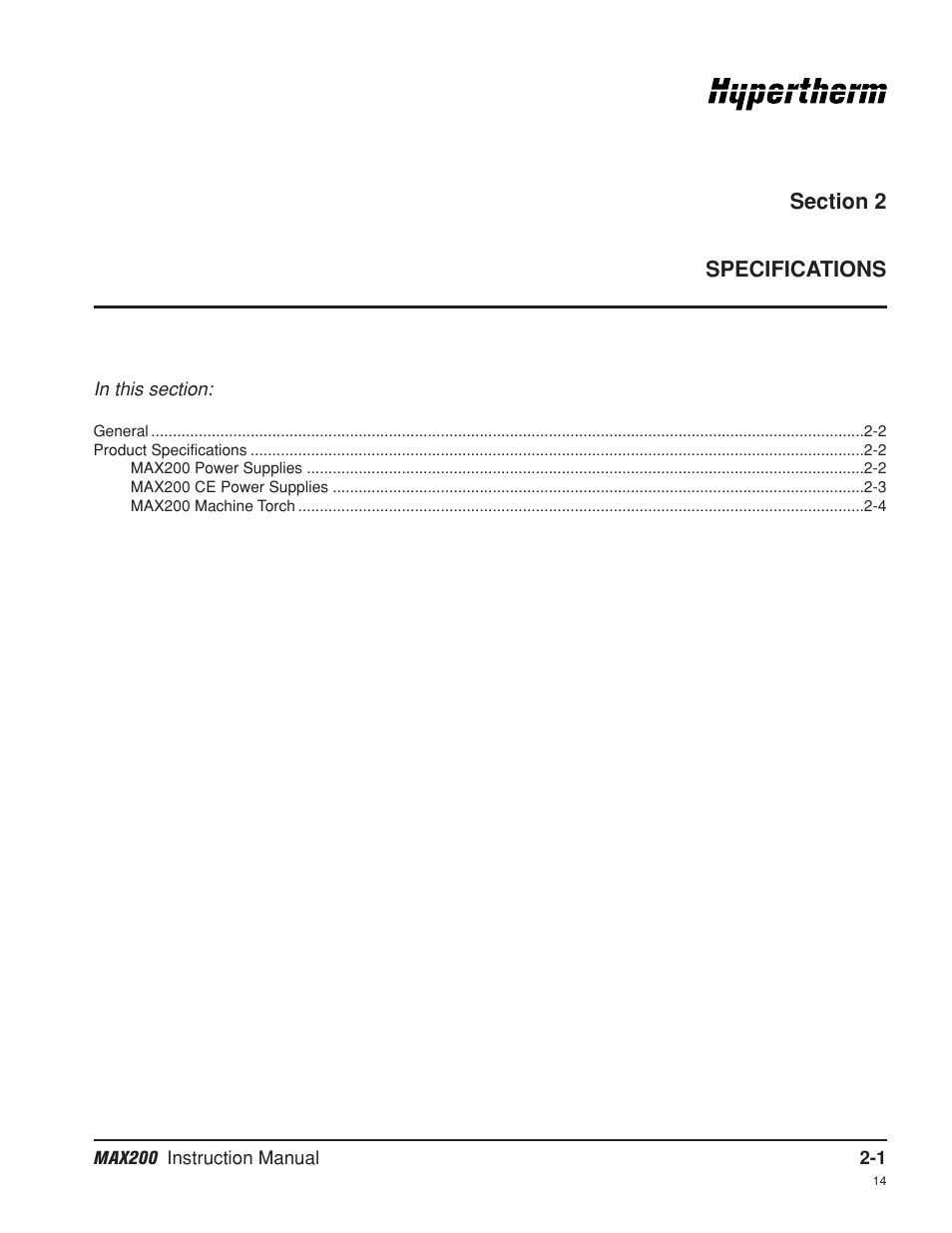 Section 2 specifications, Section 2, Specifications -1 | Hypertherm MAX200 Machine Torch Plasma Arc Cutting System User Manual | Page 25 / 187