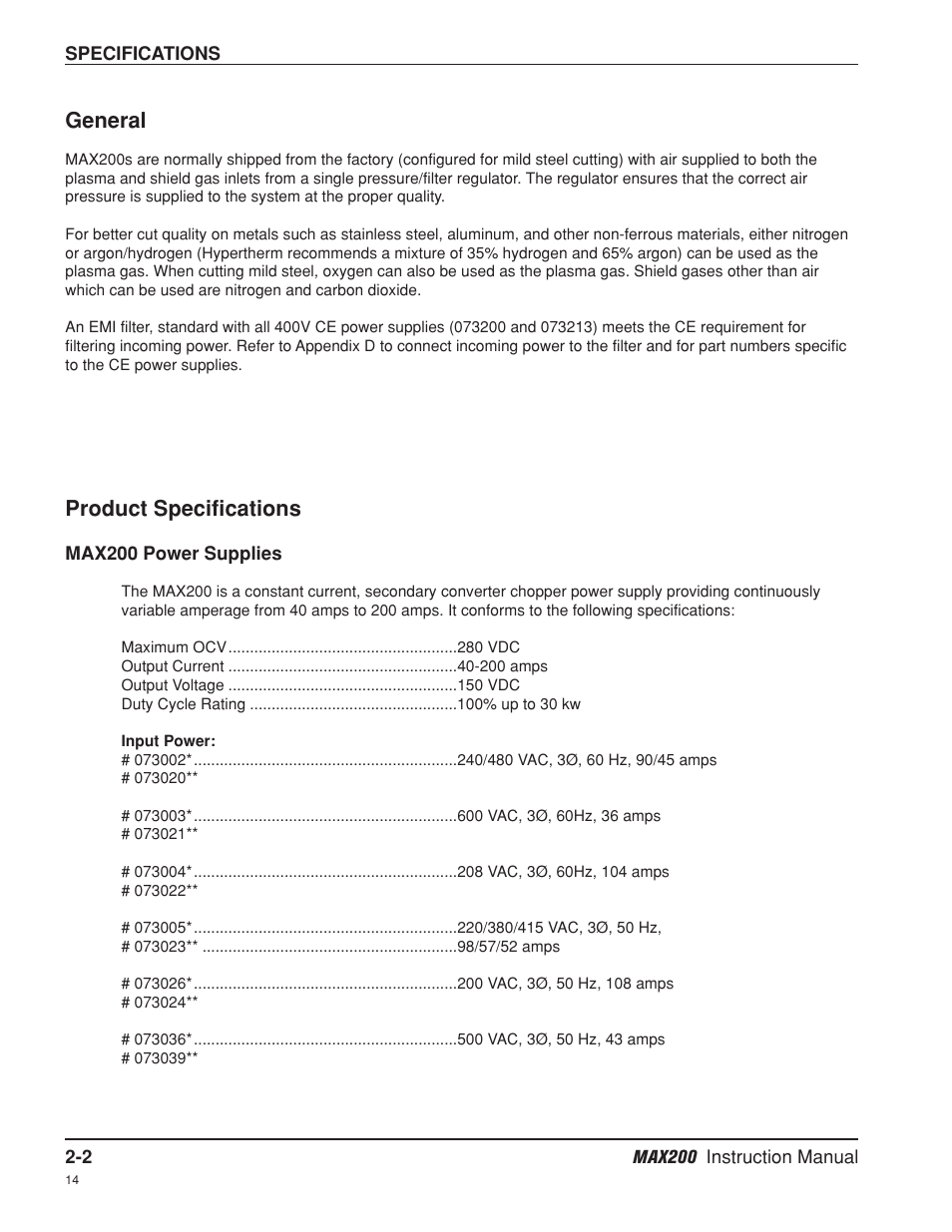 General -2, Product specifications -2, Max200 power supplies -2 | General -2 product specifications -2, General, Product specifications | Hypertherm MAX200 Machine Torch Plasma Arc Cutting System User Manual | Page 26 / 187