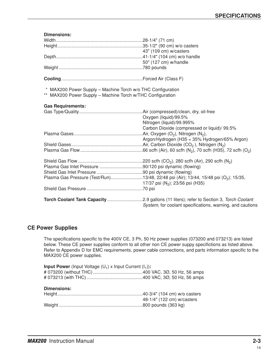 Max200 ce power supplies -3, Specifications, Ce power supplies | Hypertherm MAX200 Machine Torch Plasma Arc Cutting System User Manual | Page 27 / 187