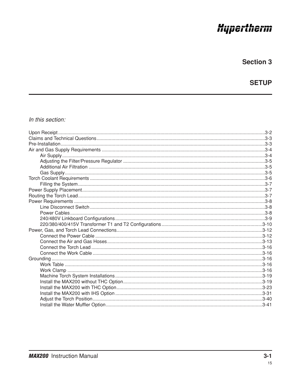 Section 3 setup, Section 3, Setup -1 | Hypertherm MAX200 Machine Torch Plasma Arc Cutting System User Manual | Page 29 / 187