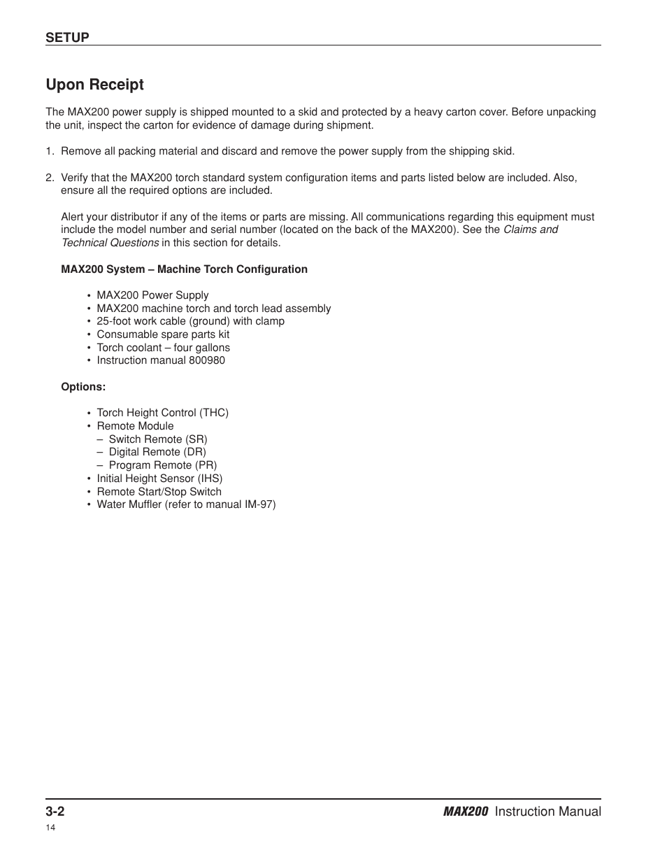 Upon receipt -2, Upon receipt | Hypertherm MAX200 Machine Torch Plasma Arc Cutting System User Manual | Page 30 / 187