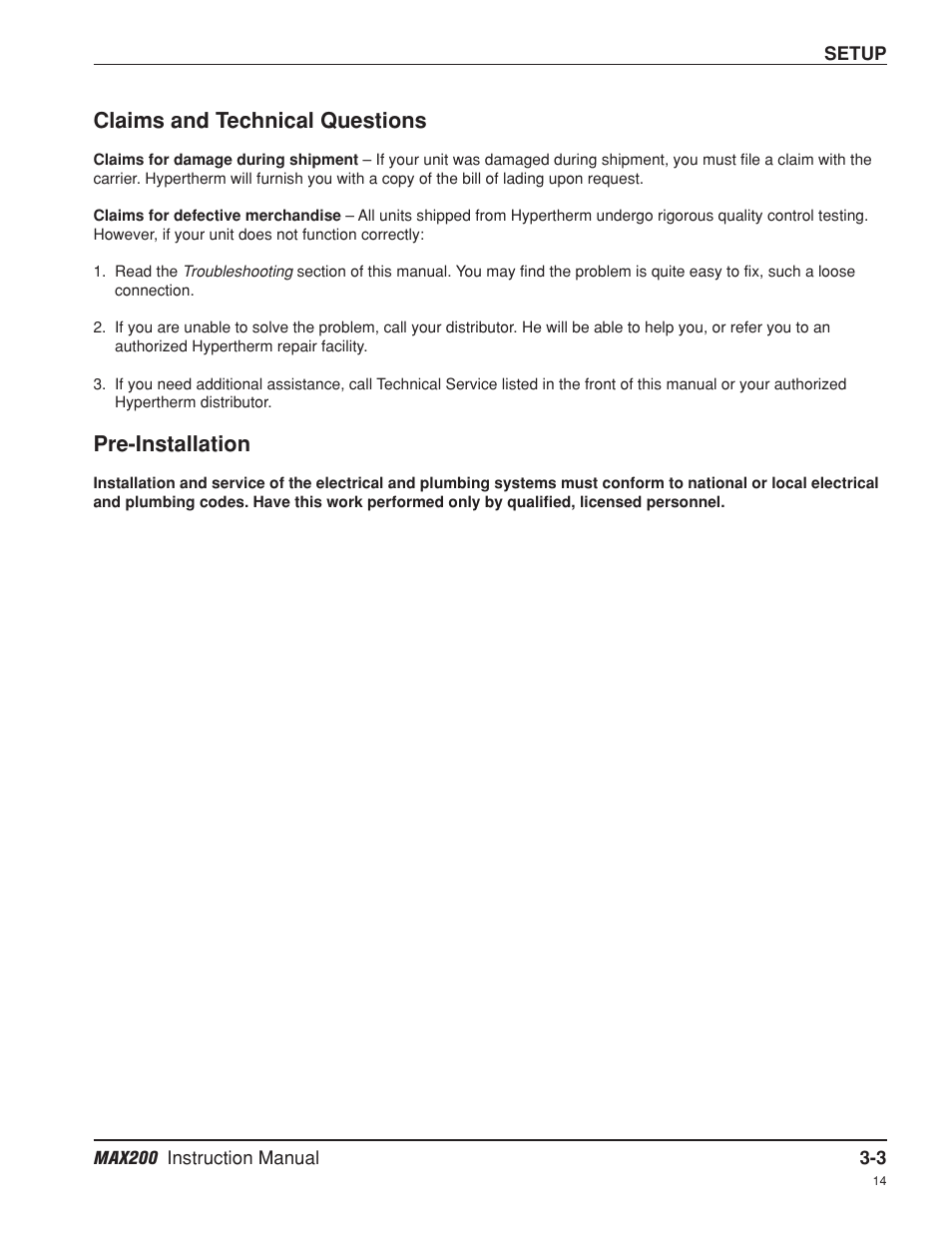 Claims and technical questions -3, Pre-installation -3, Claims and technical questions | Pre-installation | Hypertherm MAX200 Machine Torch Plasma Arc Cutting System User Manual | Page 31 / 187