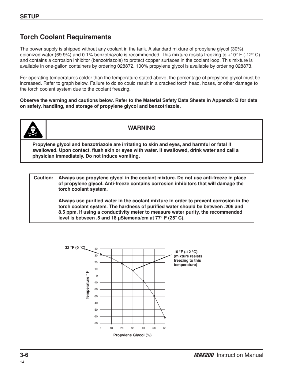 Torch coolant requirements -6, Torch coolant requirements, 6 max200 instruction manual | Setup, Warning | Hypertherm MAX200 Machine Torch Plasma Arc Cutting System User Manual | Page 34 / 187