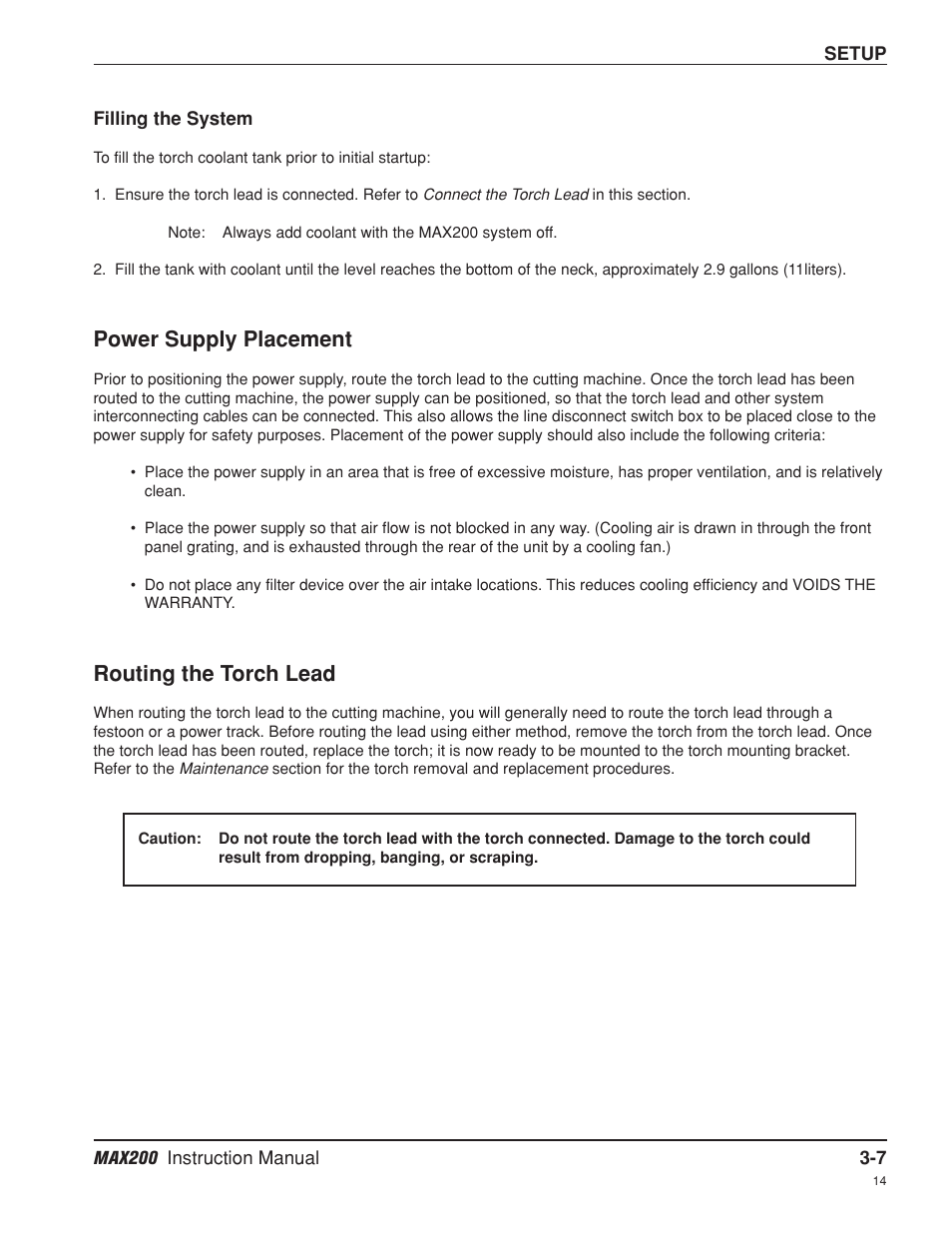 Filling the system -7, Power supply placement -7, Routing the torch lead -7 | Power supply placement, Routing the torch lead | Hypertherm MAX200 Machine Torch Plasma Arc Cutting System User Manual | Page 35 / 187