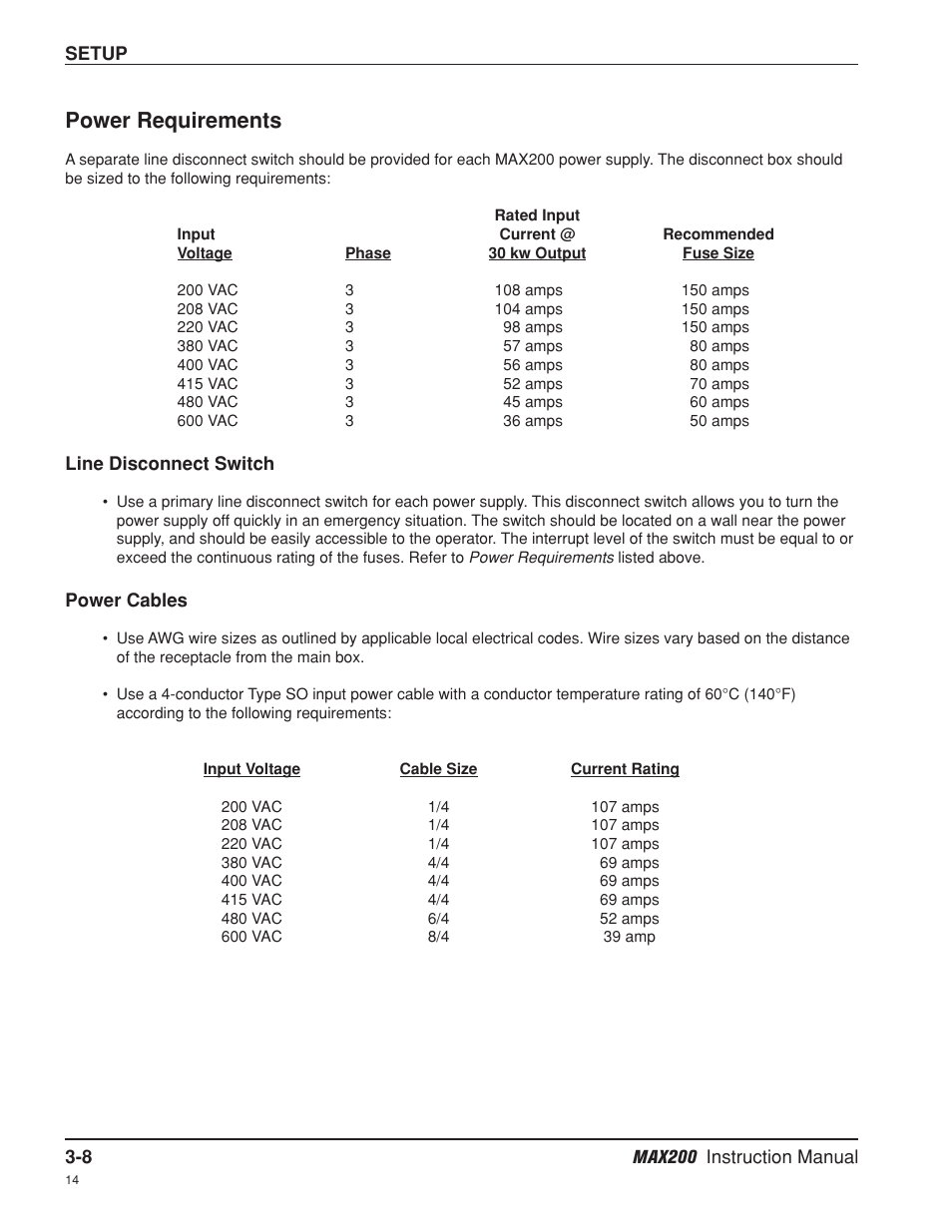 Power requirements -8, Line disconnect switch -8, Power cables -8 | Line disconnect switch -8 power cables -8, Power requirements | Hypertherm MAX200 Machine Torch Plasma Arc Cutting System User Manual | Page 36 / 187