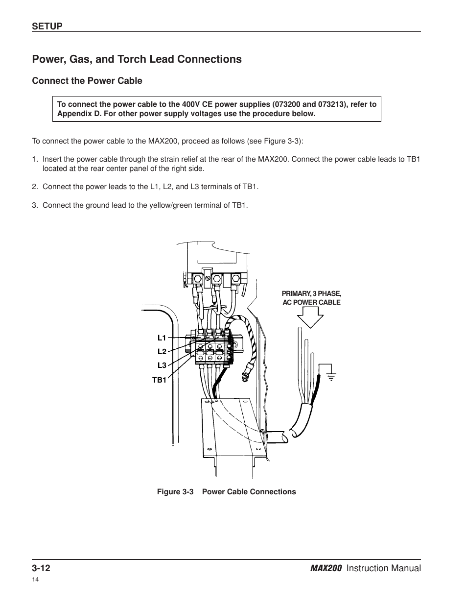 Power, gas, and torch lead connections -12, Connect the power cable -12, Power, gas, and torch lead connections | Hypertherm MAX200 Machine Torch Plasma Arc Cutting System User Manual | Page 40 / 187