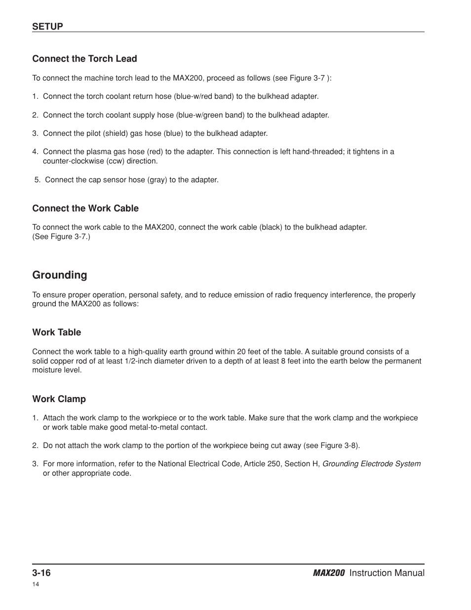 Connect the torch lead -16, Connect the work cable -16, Grounding -16 | Work table -16, Work clamp -16, Work table -16 work clamp -16, Grounding | Hypertherm MAX200 Machine Torch Plasma Arc Cutting System User Manual | Page 44 / 187