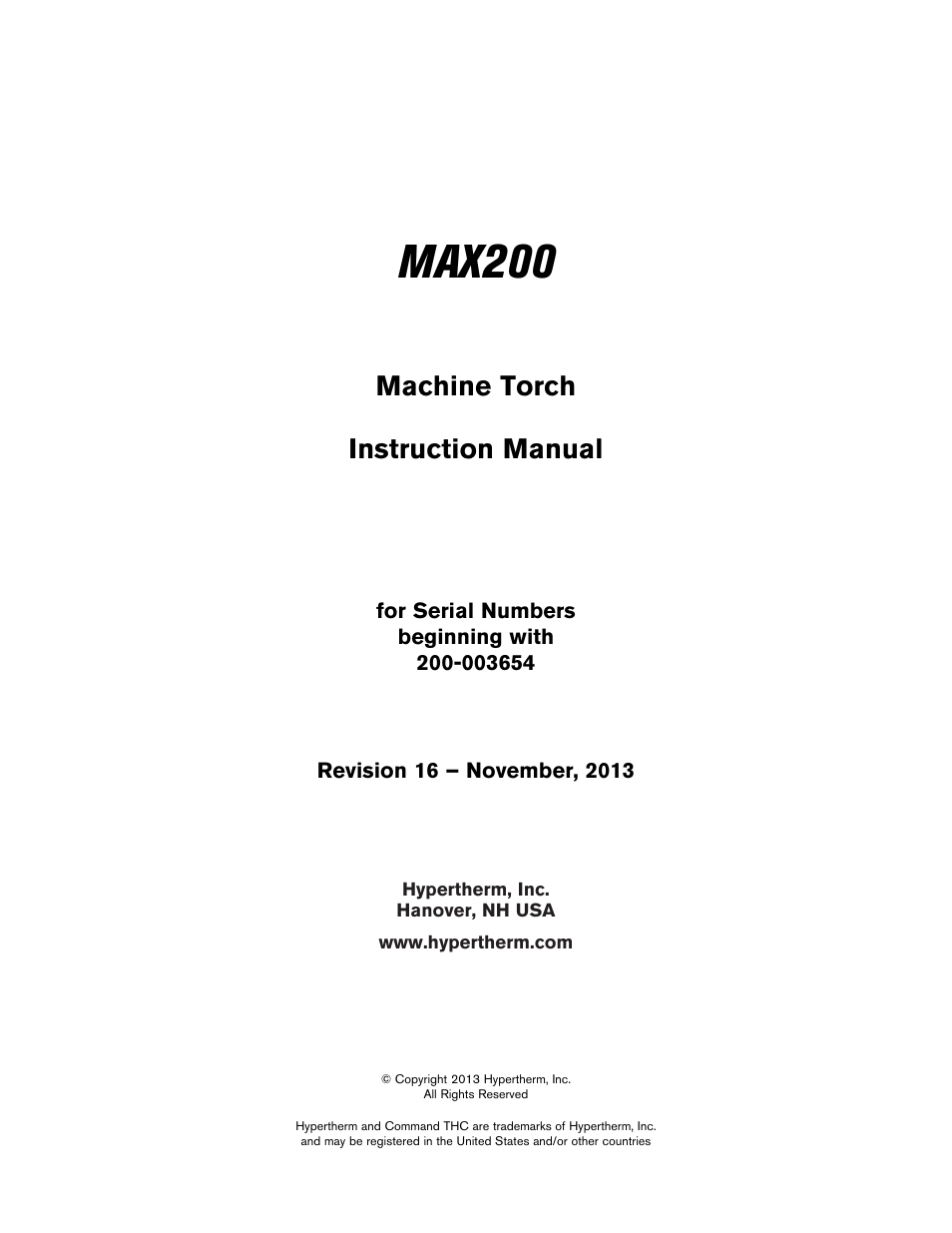 Max200, Machine torch instruction manual | Hypertherm MAX200 Machine Torch Plasma Arc Cutting System User Manual | Page 6 / 187