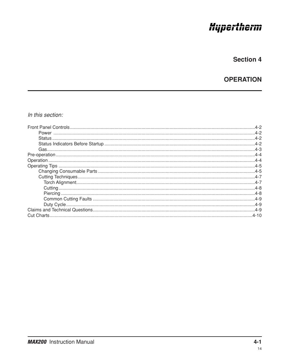 Section 4 operation, Section 4, Operation -1 | Hypertherm MAX200 Machine Torch Plasma Arc Cutting System User Manual | Page 66 / 187