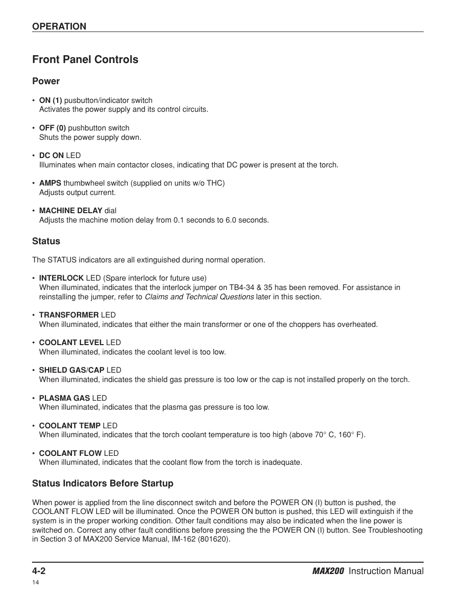 Front panel controls -2, Power -2, Status -2 | Status indicators before startup -2, Front panel controls | Hypertherm MAX200 Machine Torch Plasma Arc Cutting System User Manual | Page 67 / 187