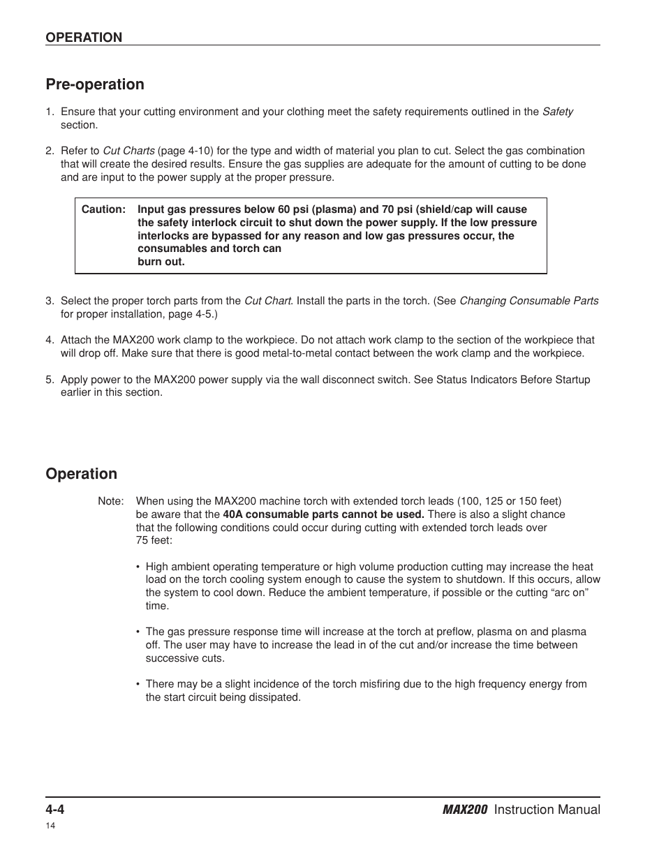 Pre-operation -4, Operation -4, Pre-operation -4 operation -4 | Pre-operation, Operation | Hypertherm MAX200 Machine Torch Plasma Arc Cutting System User Manual | Page 69 / 187