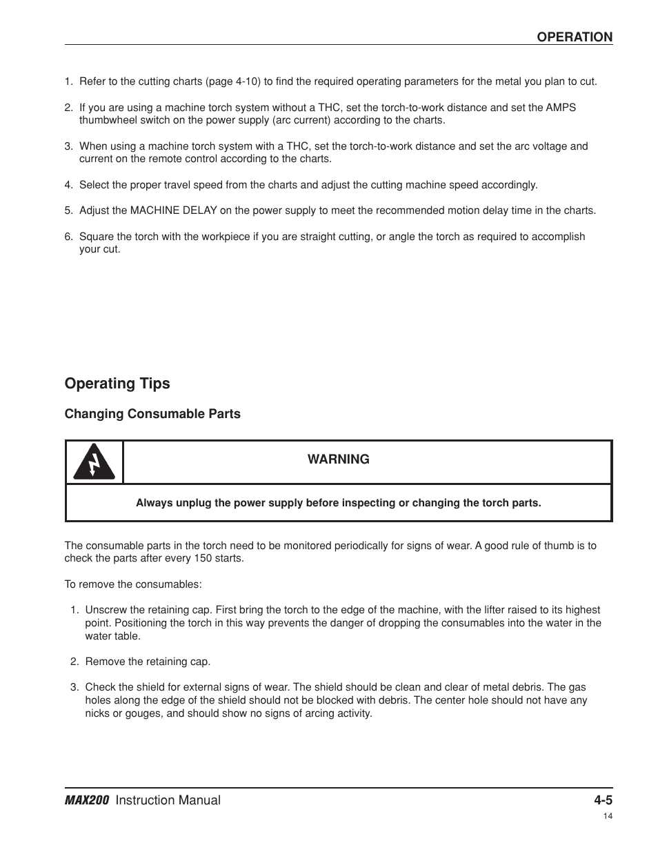 Operating tips -5, Changing consumable parts -5, Operating tips | Hypertherm MAX200 Machine Torch Plasma Arc Cutting System User Manual | Page 70 / 187