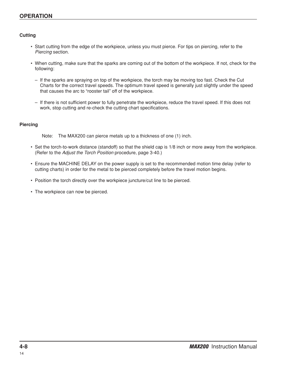 Cutting -8, Piercing -8, Cutting -8 piercing -8 | Hypertherm MAX200 Machine Torch Plasma Arc Cutting System User Manual | Page 73 / 187