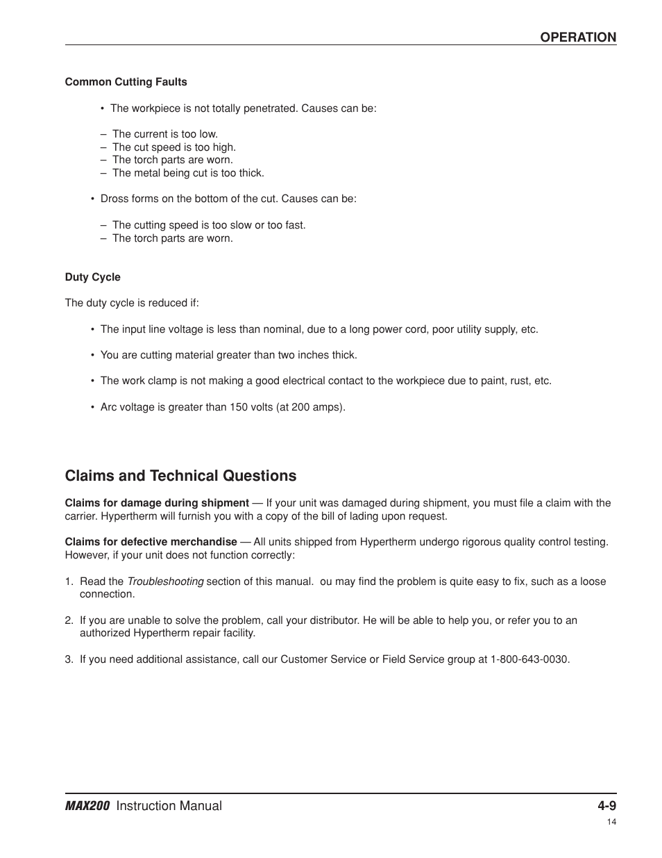 Common cutting faults -9, Duty cycle -9, Claims and technical questions -9 | Common cutting faults -9 duty cycle -9, Claims and technical questions | Hypertherm MAX200 Machine Torch Plasma Arc Cutting System User Manual | Page 74 / 187