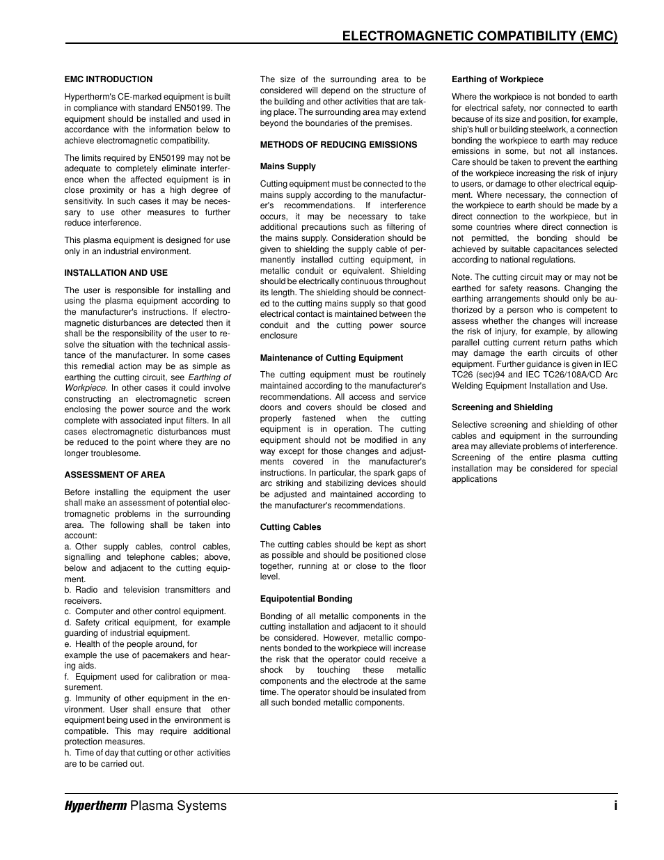 Electromagnetic compatibility (emc), Hypertherm plasma systems i | Hypertherm MAX200 Machine Torch Plasma Arc Cutting System User Manual | Page 8 / 187