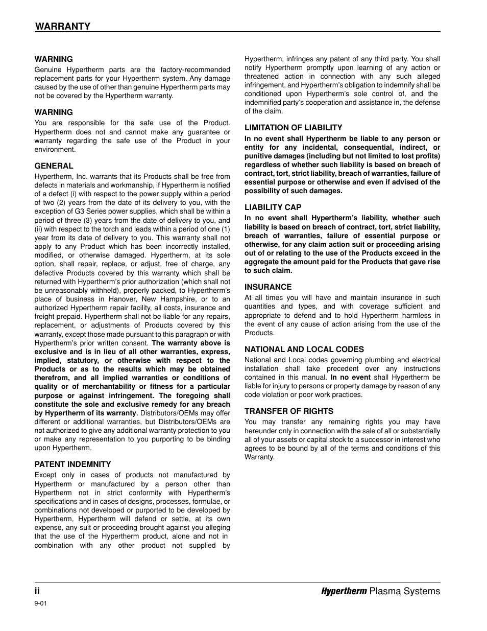 Warranty | Hypertherm MAX200 Machine Torch Plasma Arc Cutting System User Manual | Page 9 / 187