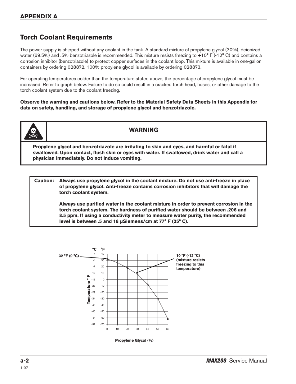 Torch coolant requirements, A-2 max200 service manual, Appendix a | Warning | Hypertherm MAX200 Service Manual User Manual | Page 180 / 211