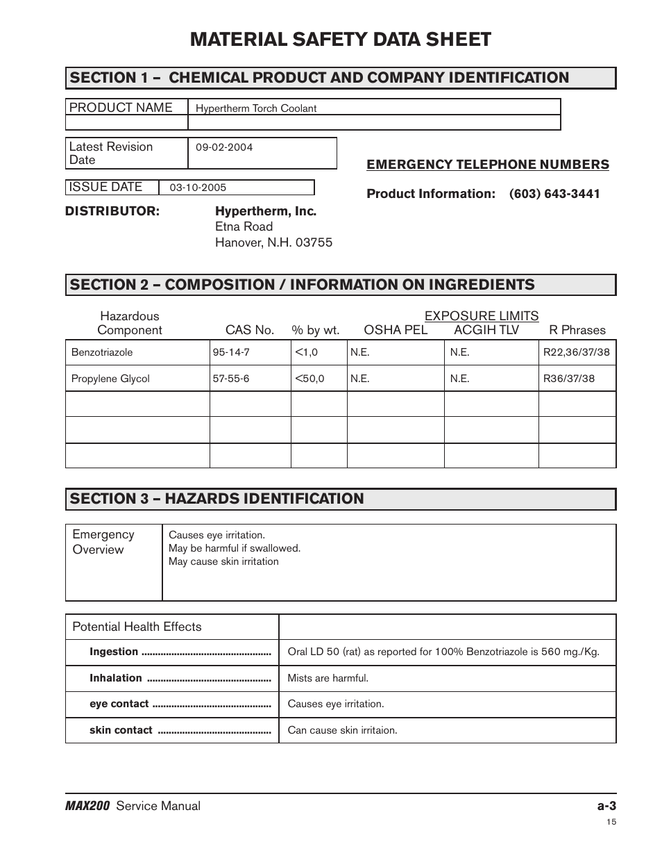 Material safety data sheet | Hypertherm MAX200 Service Manual User Manual | Page 181 / 211