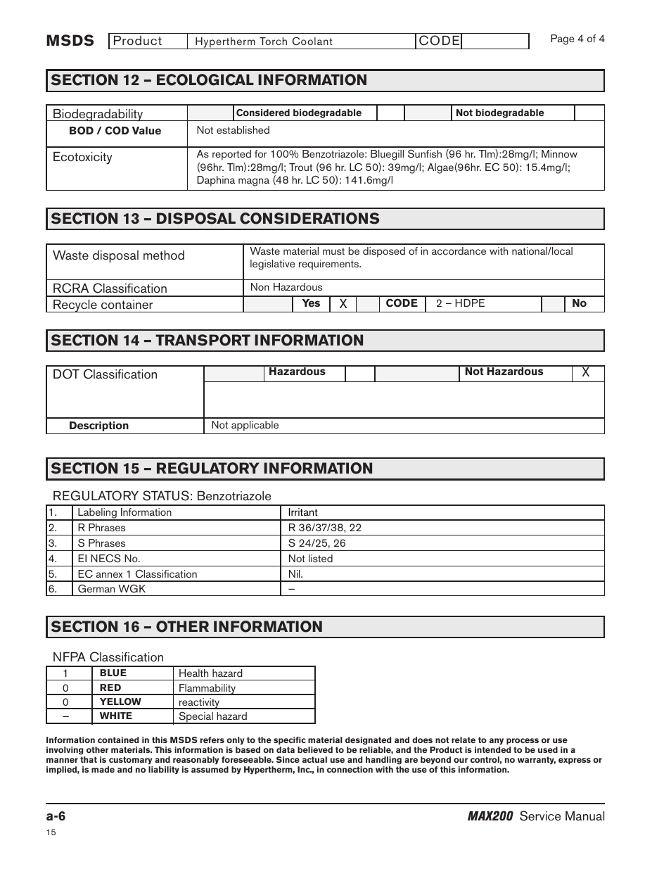 Msds | Hypertherm MAX200 Service Manual User Manual | Page 184 / 211