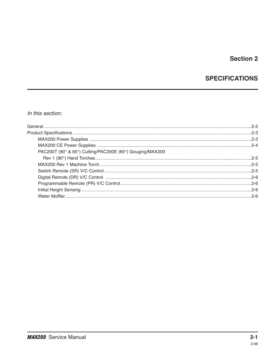 Section 2 specifications, Section 2 introduction & specifications | Hypertherm MAX200 Service Manual User Manual | Page 36 / 211