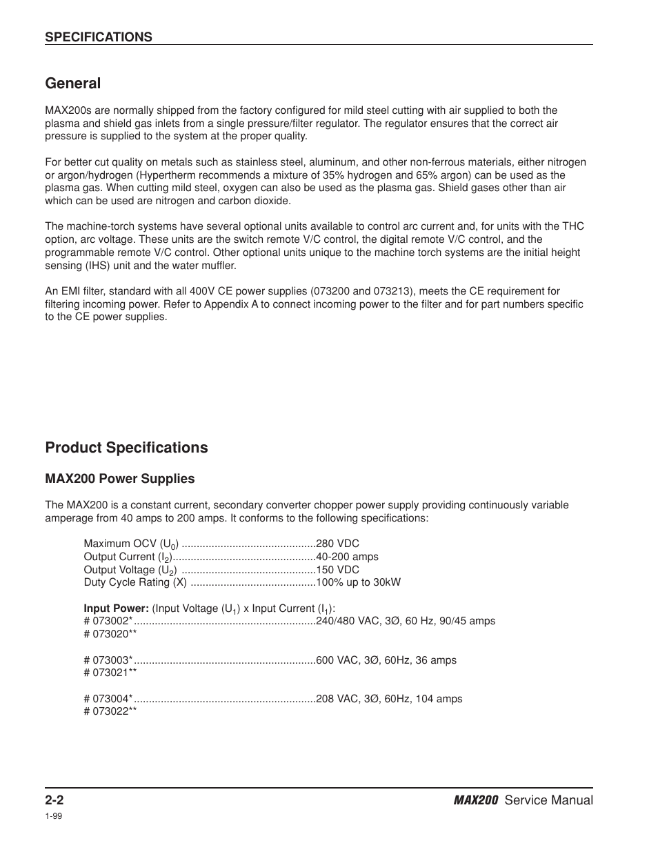 General -2, General, Product specifications | Hypertherm MAX200 Service Manual User Manual | Page 37 / 211