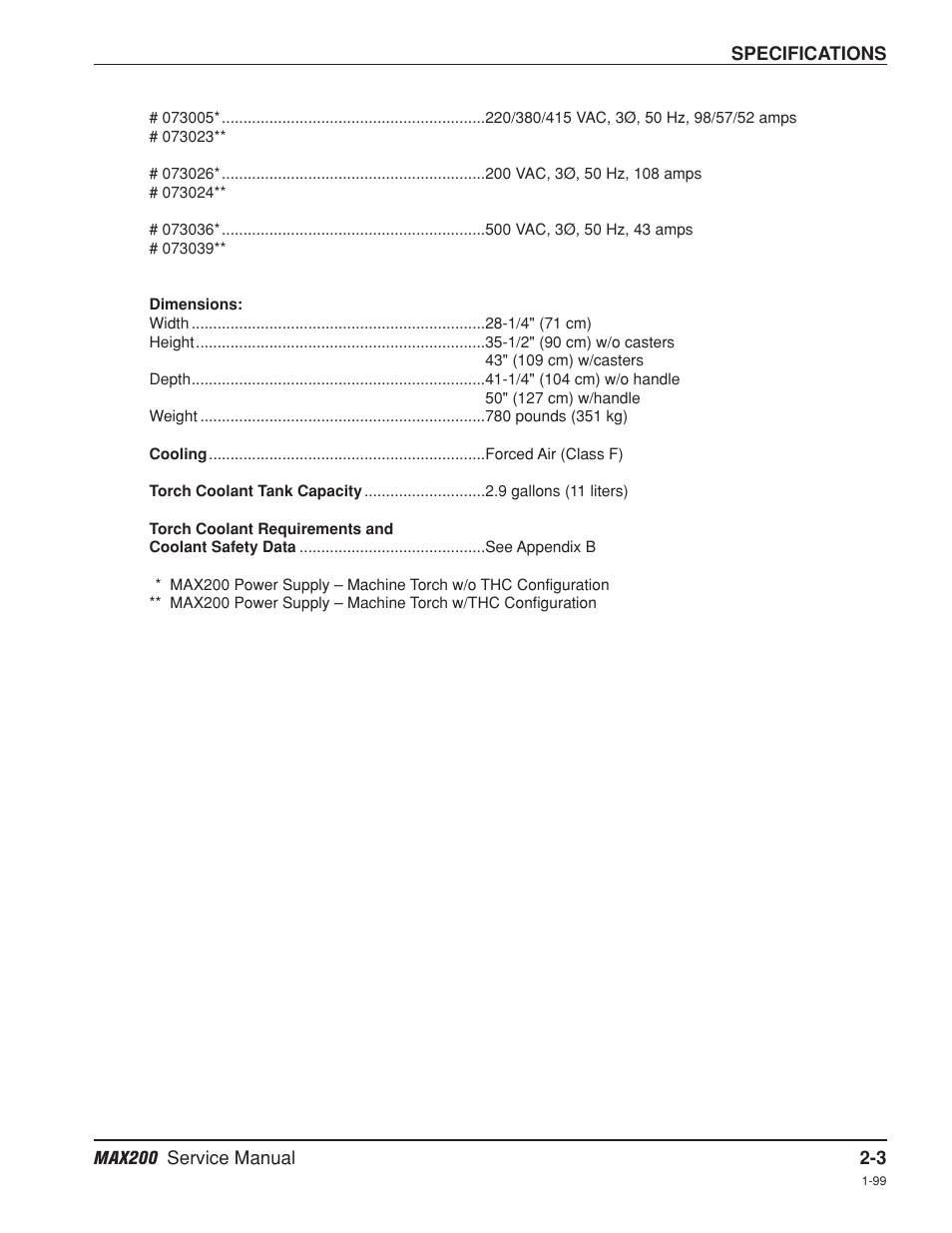 Product specifications -3, Max200 power supplies -3 | Hypertherm MAX200 Service Manual User Manual | Page 38 / 211