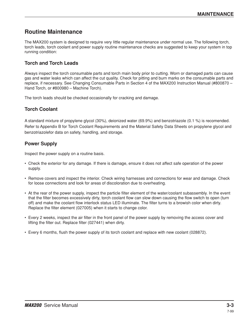 Routine maintenance -3, Torch and torch leads -3, Torch coolant -3 | Power supply -3, Routine maintenance | Hypertherm MAX200 Service Manual User Manual | Page 44 / 211