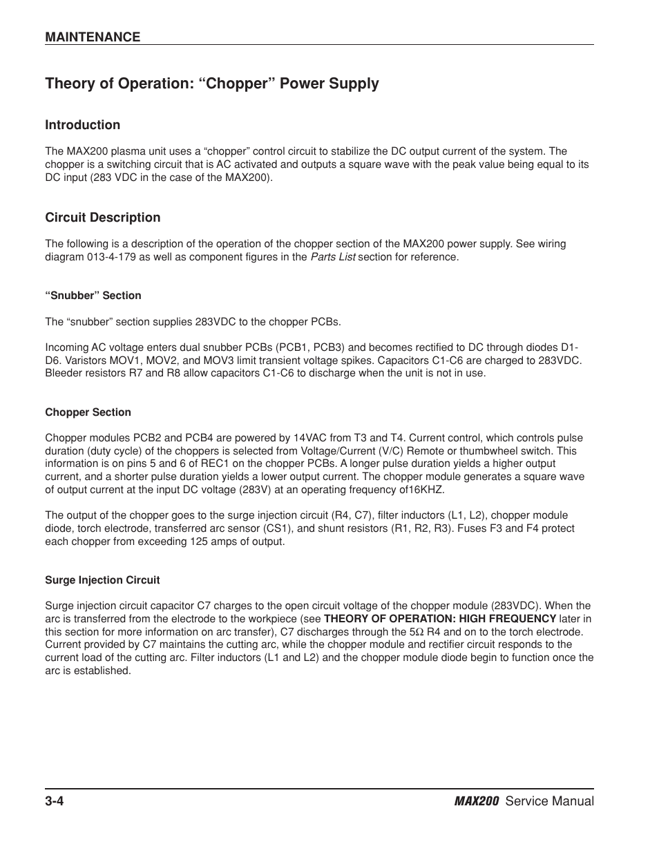 Theory of operation: “chopper” power supply -4, Introduction -4, Circuit description -4 | Introduction -4 circuit description -4, Theory of operation: “chopper” power supply | Hypertherm MAX200 Service Manual User Manual | Page 45 / 211